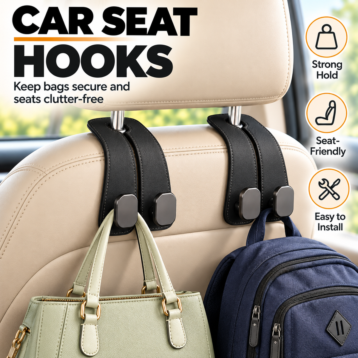 Car Headrest Bag Hook | Holds upto 20 Kg (Pack of 2)