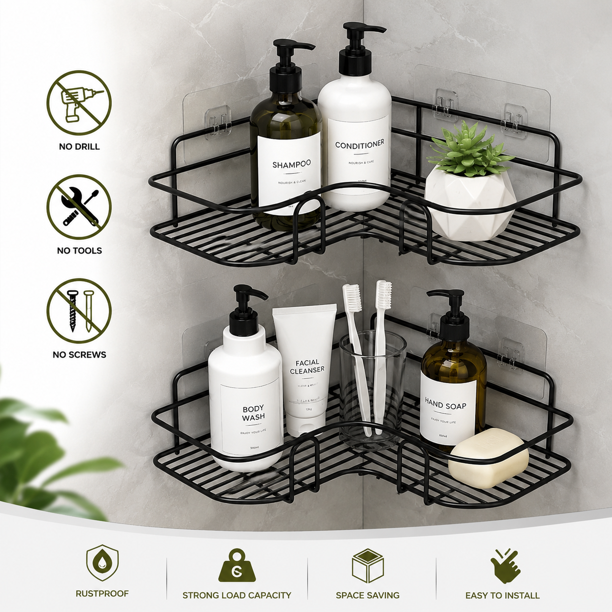 Multi Purpose Self-Adhesive Bathroom Corner Rack (Pack of 2)